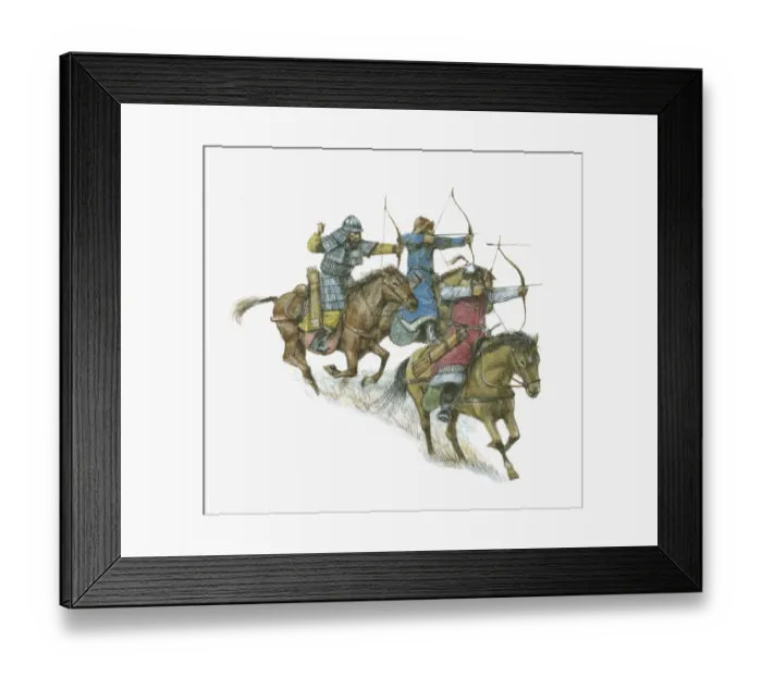 Framed Print : Illustration of Mongol soldiers on horseback shooting arrows Framed Print : Illustration of Mongol soldiers on horseback shooting arrows