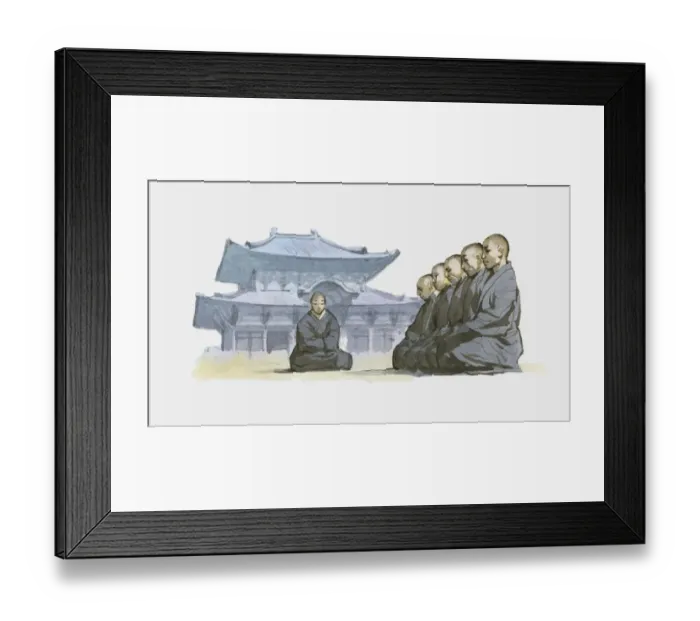 Framed Print : Illustration of Zen Buddhist monks kneeling in courtyard outside temple Framed Print : Illustration of Zen Buddhist monks kneeling in courtyard outside temple