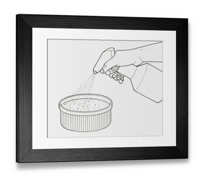 Framed Print : Black and white illustration of spraying water into souffle bowl