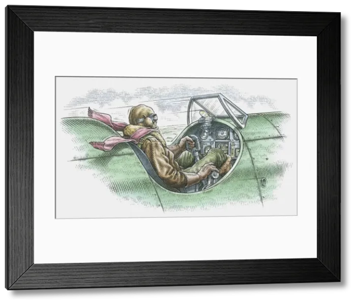Framed Print : Illustration of pilot in biplane cockpit Framed Print : Illustration of pilot in biplane cockpit
