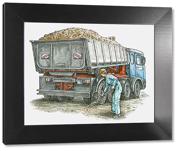Illustration of female manual worker standing behind tipper truck holding spade