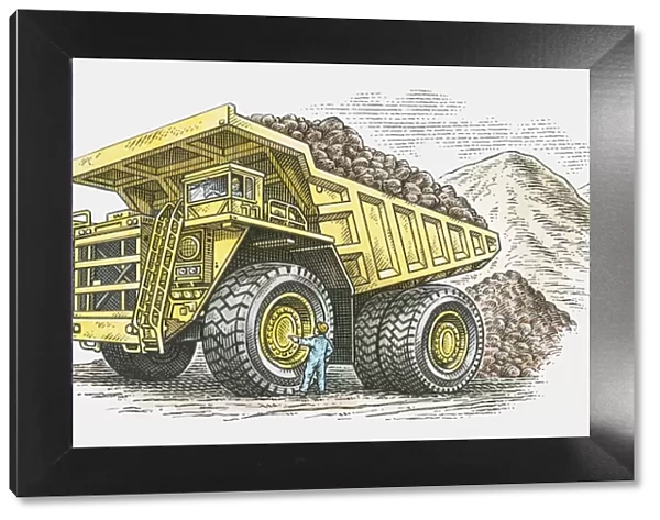 Illustration of man standing near wheel of giant dumper truck