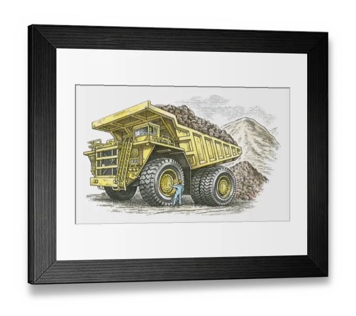 Framed Print : Illustration of man standing near wheel of giant dumper truck Framed Print : Illustration of man standing near wheel of giant dumper truck