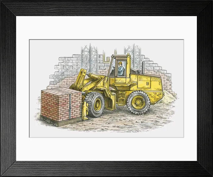 Framed Print : Illustration of man using wheel loader to pick up stack of bricks Framed Print : Illustration of man using wheel loader to pick up stack of bricks