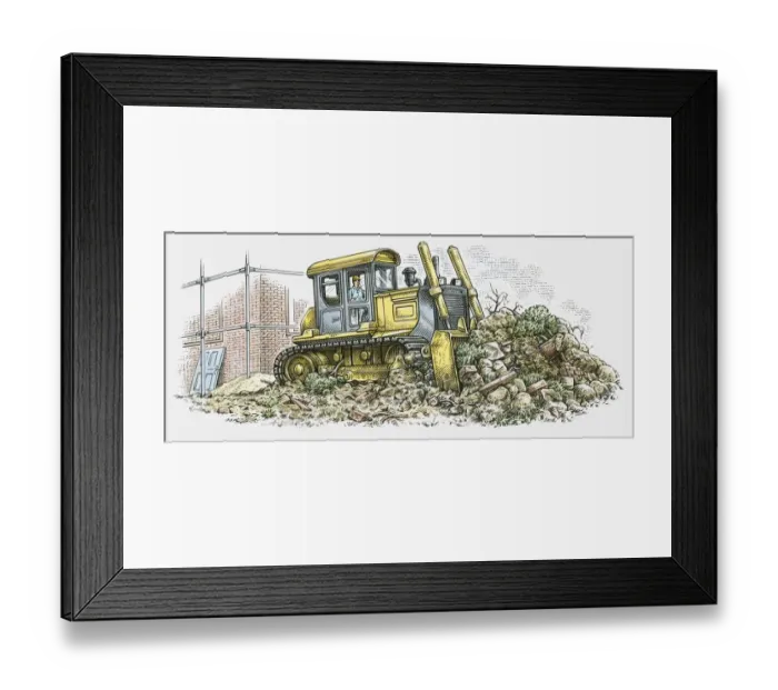 Framed Print : Illustration of man using bulldozer on construction site Framed Print : Illustration of man using bulldozer on construction site