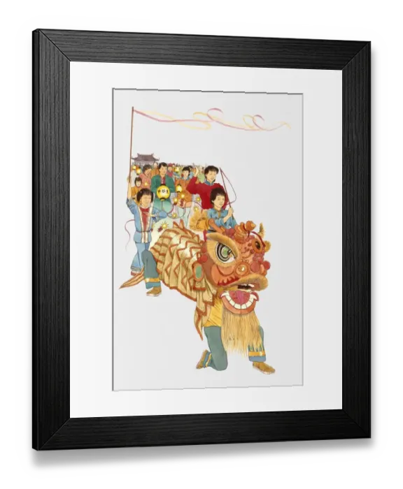 Framed Print : Illustration of people celebrating Chinese New Year with Chinese dragon, lanterns and flags