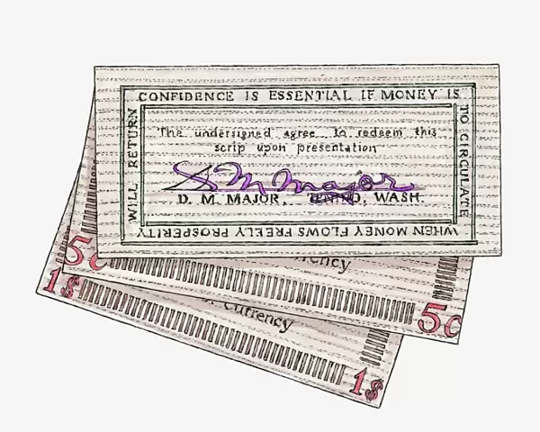 Illustration of signed wooden banknotes issued in Tenino in 1932