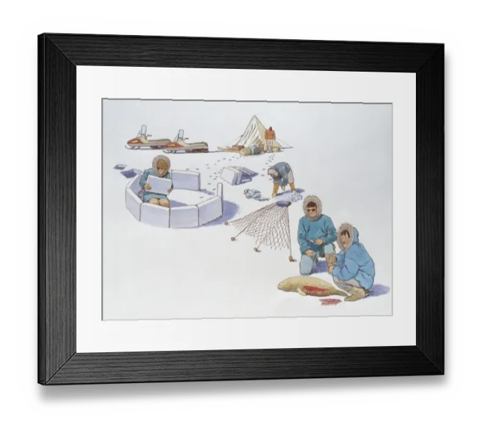 Framed Print : Illustration of traditional Inuit hunting methods and constructing igloo contrasting with modern sno Framed Print : Illustration of traditional Inuit hunting methods and constructing igloo contrasting with modern sno
