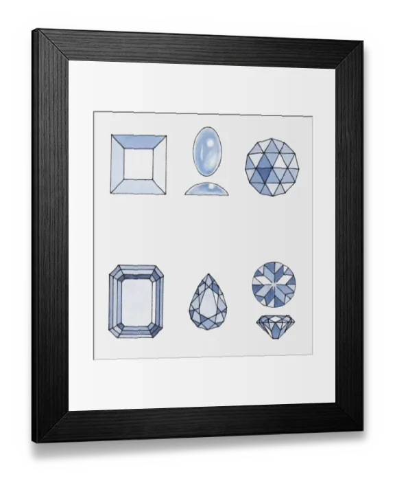 Framed Print : Illustration of table cut, cabochon, rose cut, step cut, pear brilliant and Round brilliant cut diam Framed Print : Illustration of table cut, cabochon, rose cut, step cut, pear brilliant and Round brilliant cut diam