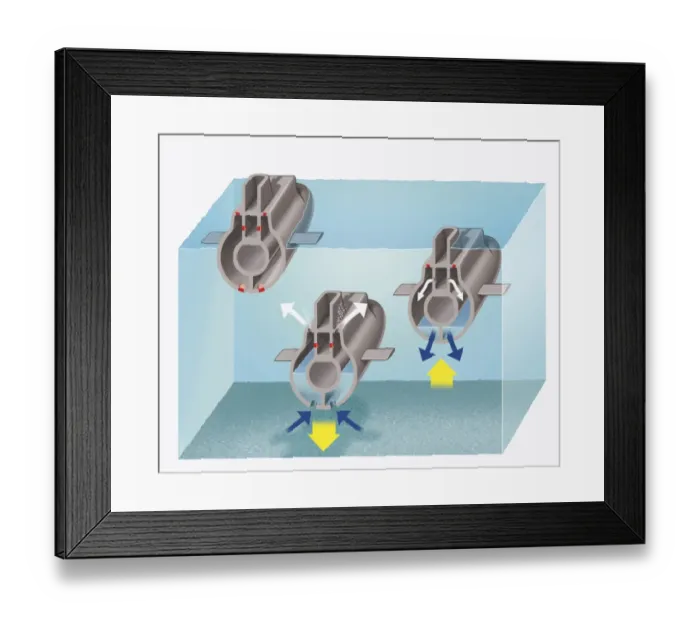 Framed Print : Illustration of submarine sinking and rising through the use of compressed air Framed Print : Illustration of submarine sinking and rising through the use of compressed air