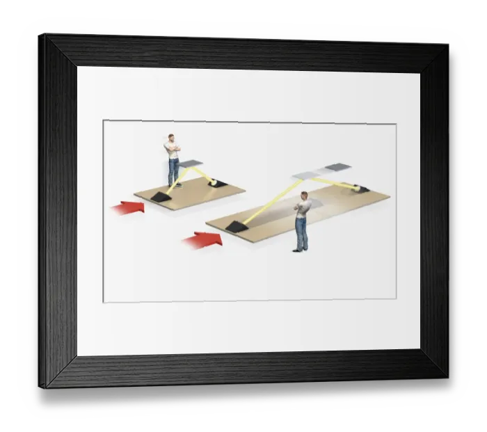 Framed Print : Illustration of time dilation experiment, clock keeping time by detecting reflected light pulses on Framed Print : Illustration of time dilation experiment, clock keeping time by detecting reflected light pulses on