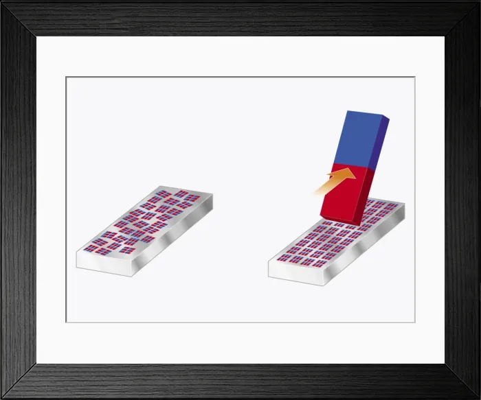 Framed Print : Illustration of unmagnetized steel bar, and magnetized steel bar with bar magnet being stroked acros