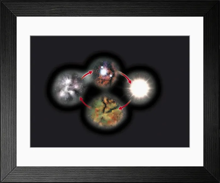 Framed Print : Illustration of stellar cycle, material discarded by mature star becoming part of cloud that in turn Framed Print : Illustration of stellar cycle, material discarded by mature star becoming part of cloud that in turn