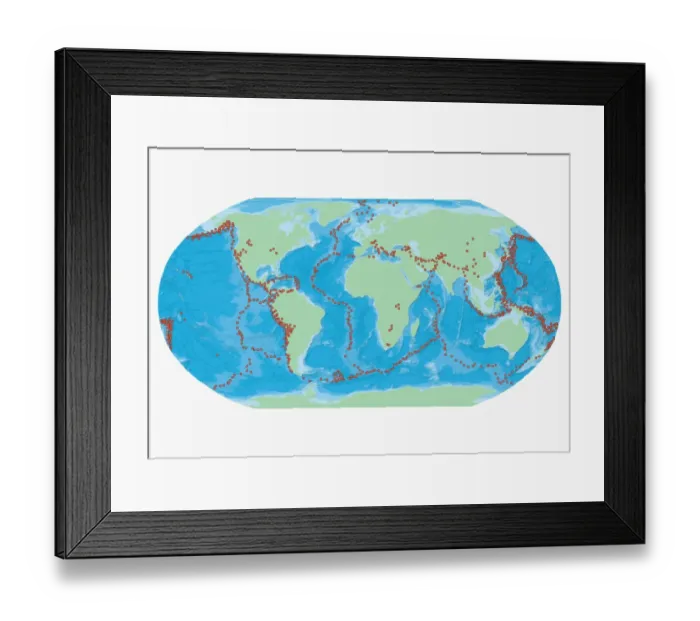 Framed Print : Map of the World with red dots marking earthquake zones