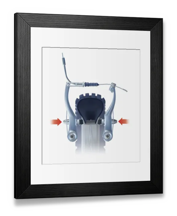 Framed Print : Illustration of bicycle V-brake, brake pads being squeezed against the rim increasing friction Framed Print : Illustration of bicycle V-brake, brake pads being squeezed against the rim increasing friction