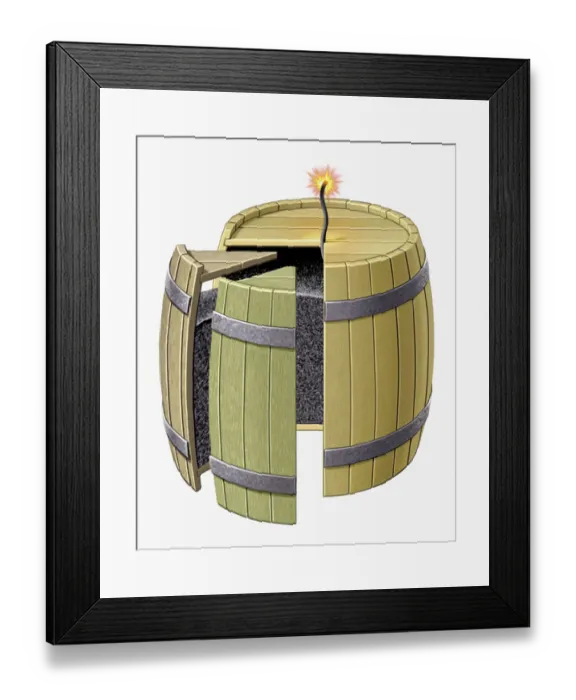 Framed Print : Illustration of barrel containing gunpowder with fuse lit