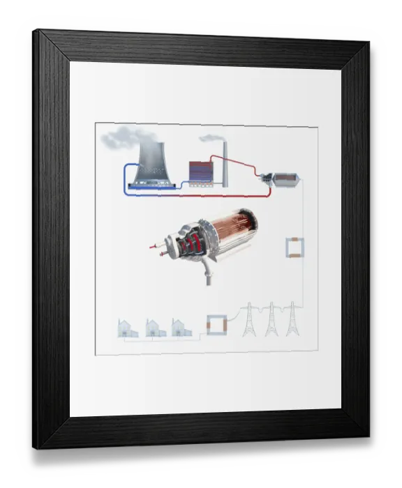 Framed Print : Illustration of the stages involved in power generation, cooling tower, boiler, chimney, steam turbi
