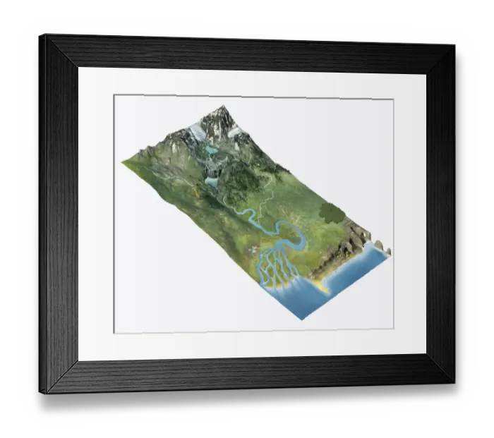 Framed Print : Illustration of landscape with river emerging from glacier, flowing through a delta into the sea Framed Print : Illustration of landscape with river emerging from glacier, flowing through a delta into the sea