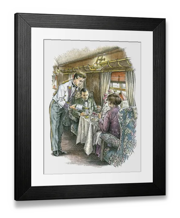 Framed Print : Illustration of waiter serving champagne to passengers in luxury train carriage Framed Print : Illustration of waiter serving champagne to passengers in luxury train carriage