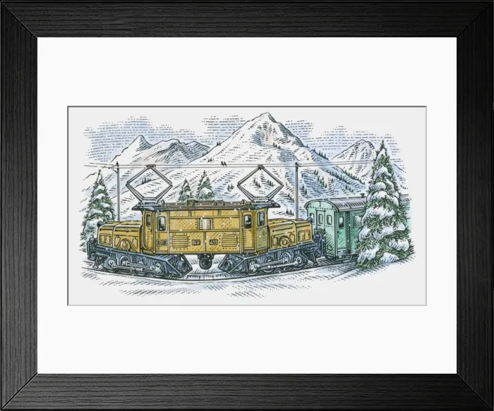 Framed Print : Illustration of electric train on curved railway track in mountains Framed Print : Illustration of electric train on curved railway track in mountains