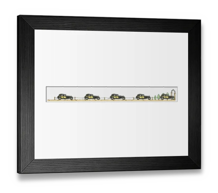 Framed Print : Sequence of illustrations showing Rolls Royce car travelling towards open gateway Framed Print : Sequence of illustrations showing Rolls Royce car travelling towards open gateway