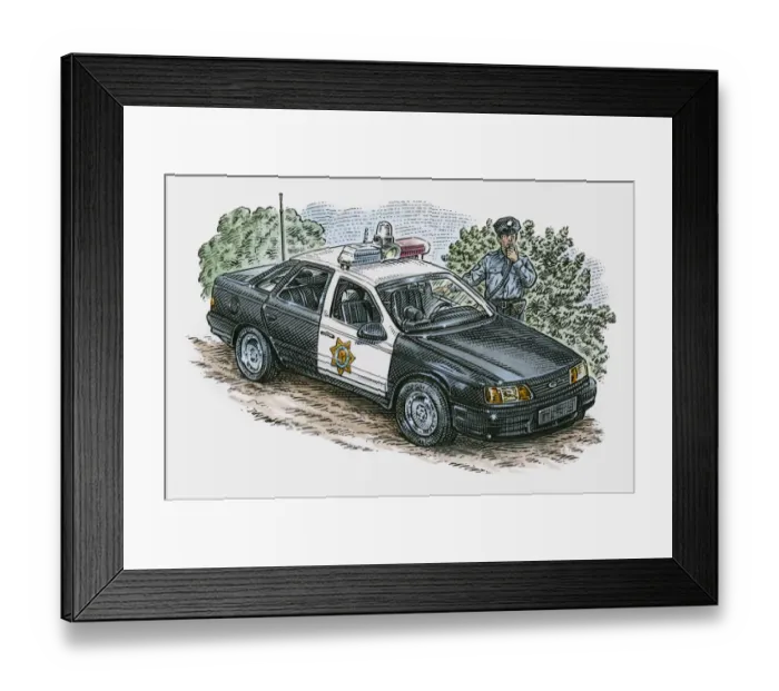 Framed Print : Illustration of police officer standing next to police car Framed Print : Illustration of police officer standing next to police car