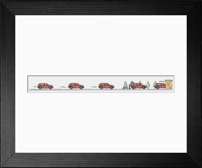 Framed Print : Sequence of illustrations of car approaching garage, man unloading car, and car entering garage Framed Print : Sequence of illustrations of car approaching garage, man unloading car, and car entering garage
