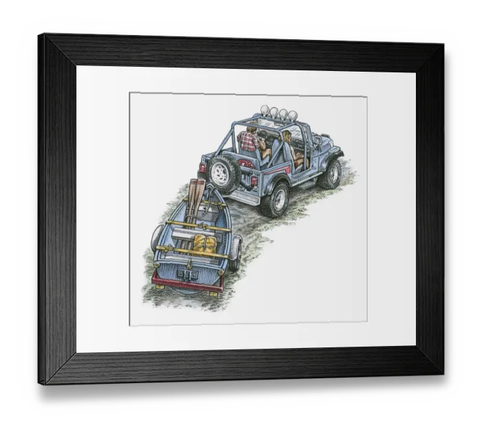 Framed Print : Illustration of jeep towing small boat Framed Print : Illustration of jeep towing small boat
