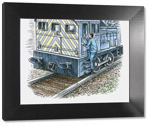 Illustration of train engineer moving up steps to engine door