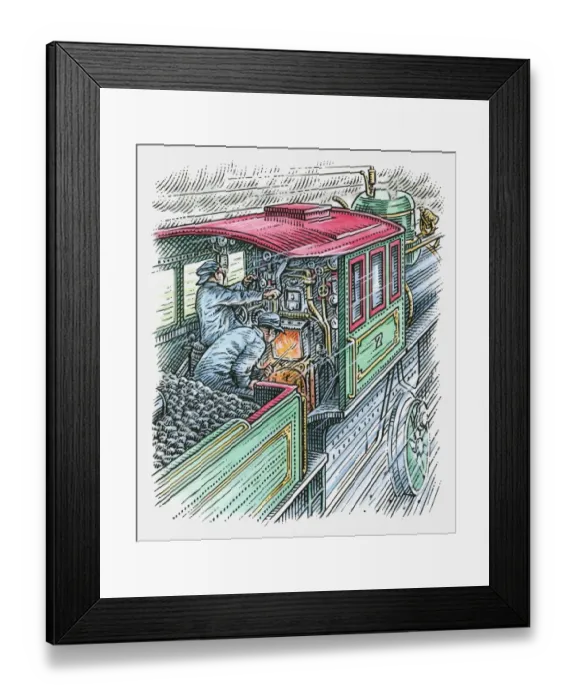 Framed Print : Illustration of man driving train as another stokes the engine Framed Print : Illustration of man driving train as another stokes the engine