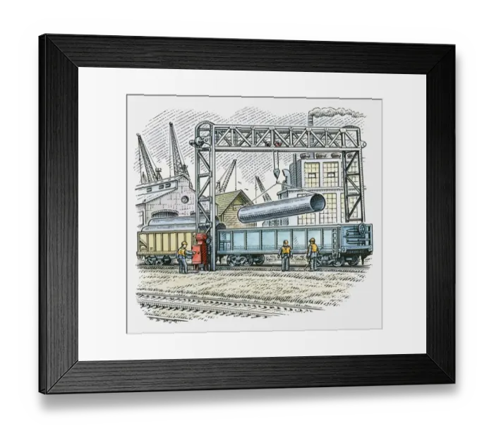 Framed Print : Illustration of man using pulley to lift steel pipe from cargo train