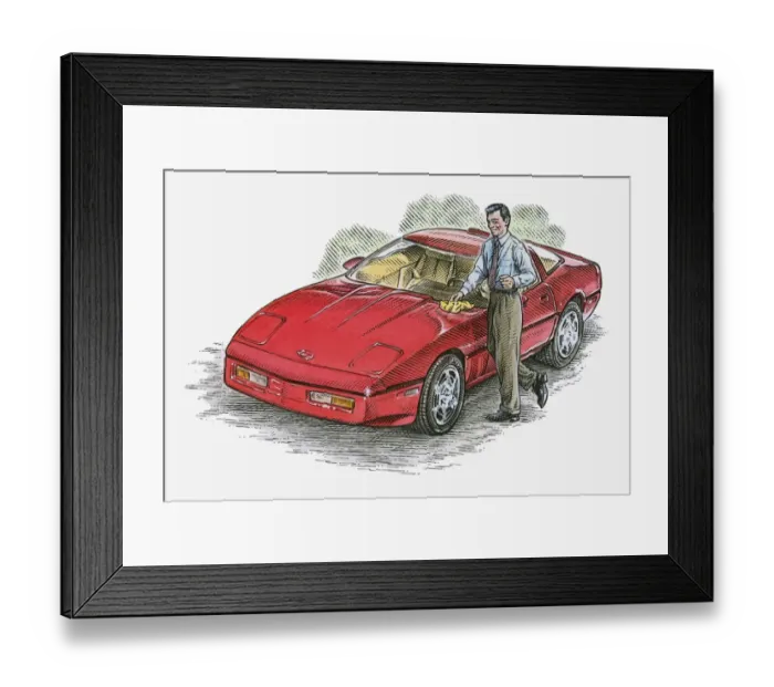 Framed Print : Illustration of man polishing red sports car Framed Print : Illustration of man polishing red sports car