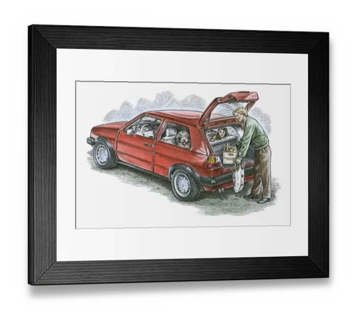 Framed Print : Illustration of man putting groceries in hatchback car