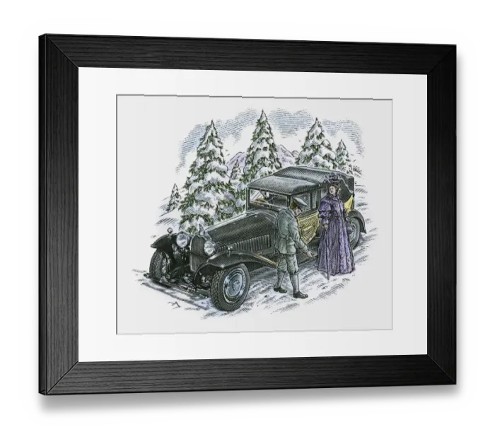 Framed Print : Illustration of chauffeur and passenger next to Rolls Royce stranded on icy road Framed Print : Illustration of chauffeur and passenger next to Rolls Royce stranded on icy road