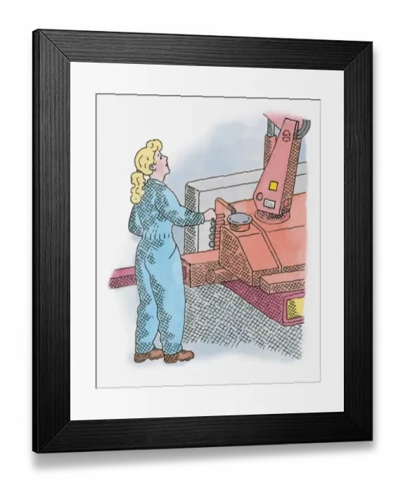 Framed Print : Illustration of of young women operating unloading crane Framed Print : Illustration of of young women operating unloading crane