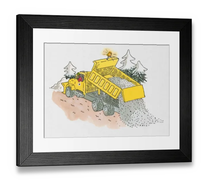 Framed Print : Illustration of man salting road cleared by yellow snowplough Framed Print : Illustration of man salting road cleared by yellow snowplough