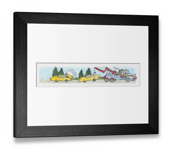 Framed Print : Illustration of broken down car and tow truck towing car