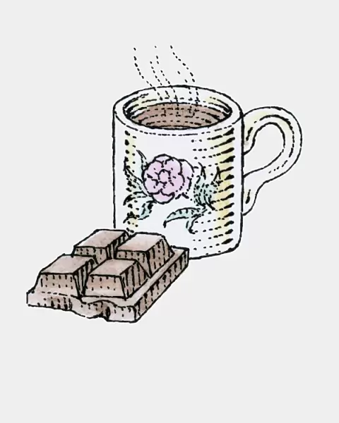 Illustration of mug of hot chocolate and partly eaten chocolate bar