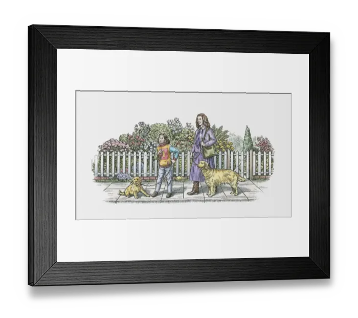 Framed Print : Illustration of mother and daughter walking adult dog and puppy on pavement Framed Print : Illustration of mother and daughter walking adult dog and puppy on pavement