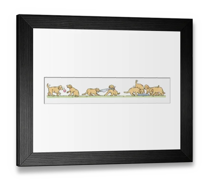 Framed Print : Sequence of illustrations showing Labrador puppies playing outside