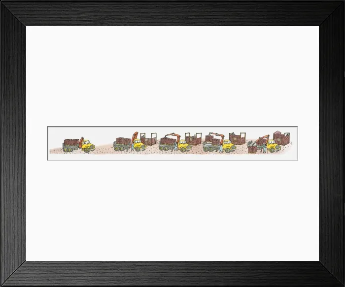 Framed Print : Sequence of illustrations of cargo containers on top of and being hoisted off heavy goods vehicles Framed Print : Sequence of illustrations of cargo containers on top of and being hoisted off heavy goods vehicles