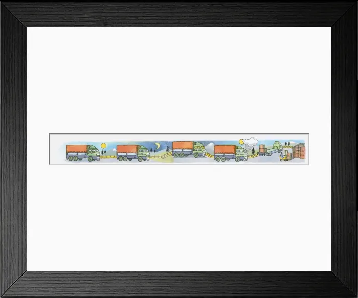 Framed Print : Sequence of illustrations of delivery truck travelling on roads during day, night, and sunrise
