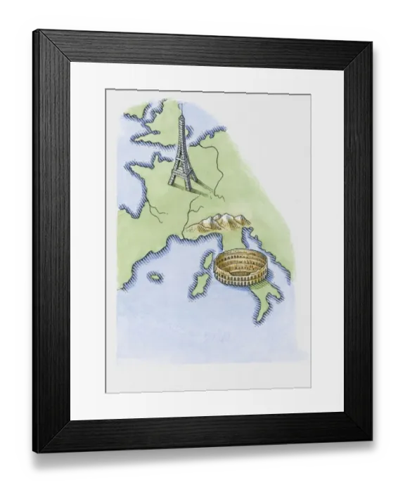 Framed Print : Illustration of Eiffel Tower in Paris and Colosseum in Rome on map of Europe Framed Print : Illustration of Eiffel Tower in Paris and Colosseum in Rome on map of Europe