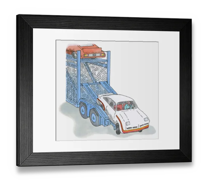 Framed Print : Illustration of man driving car off car transporter Framed Print : Illustration of man driving car off car transporter