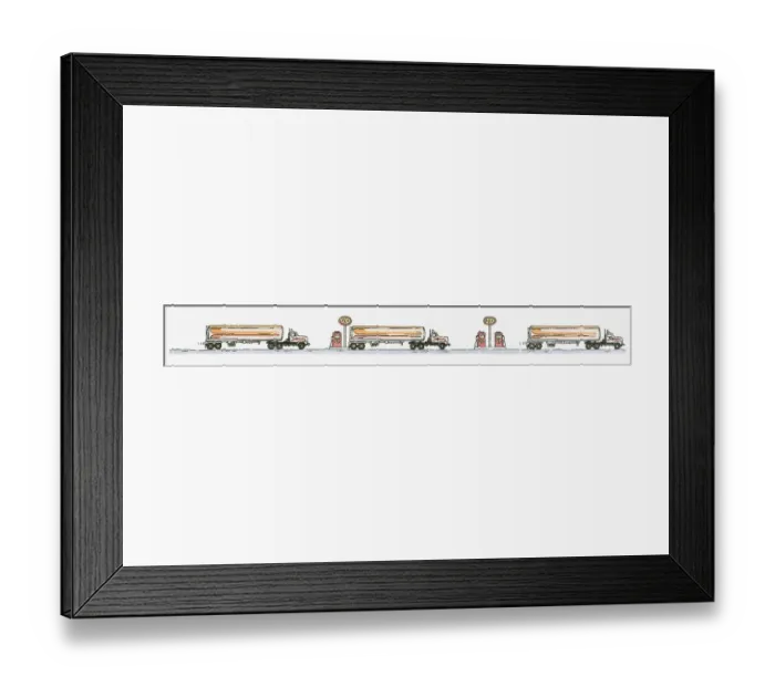 Framed Print : Sequence of illustrations of fuel tanker at petrol station Framed Print : Sequence of illustrations of fuel tanker at petrol station