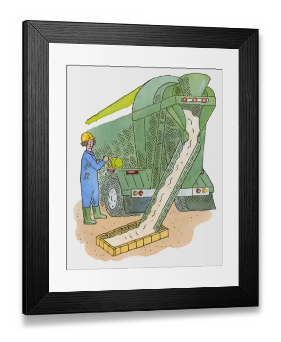 Framed Print : Illustration of woman standing next to cement mixer Framed Print : Illustration of woman standing next to cement mixer