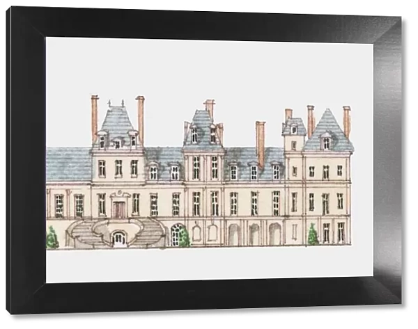 Illustration of Mannerist style facadae of Chateau de Fontainebleau, Paris, France