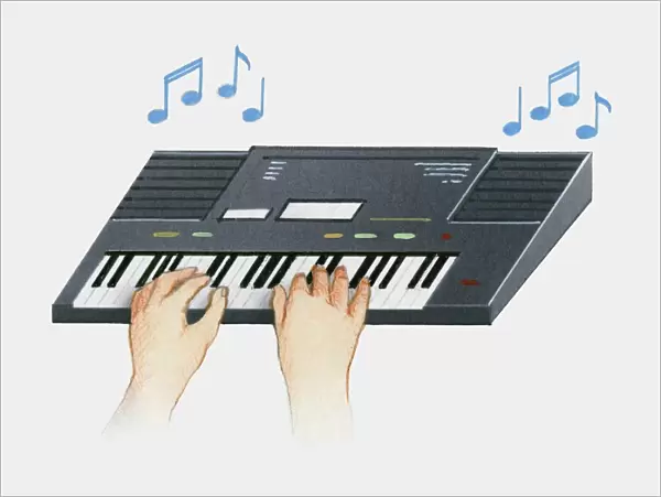 Illustration of hands on synthesizer keyboard