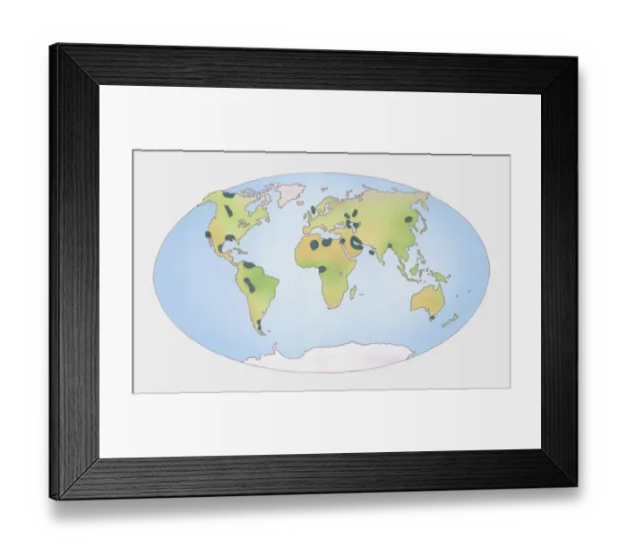 Framed Print : Illustration of showing distribution of oil and gas shown on world map