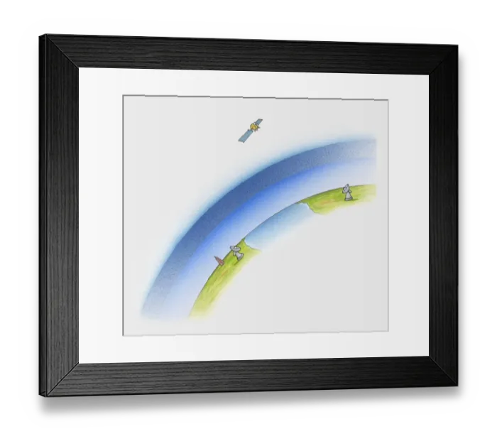 Framed Print : Illustration of radio waves transmitted from satellite in space through Earths atmosphere Framed Print : Illustration of radio waves transmitted from satellite in space through Earths atmosphere